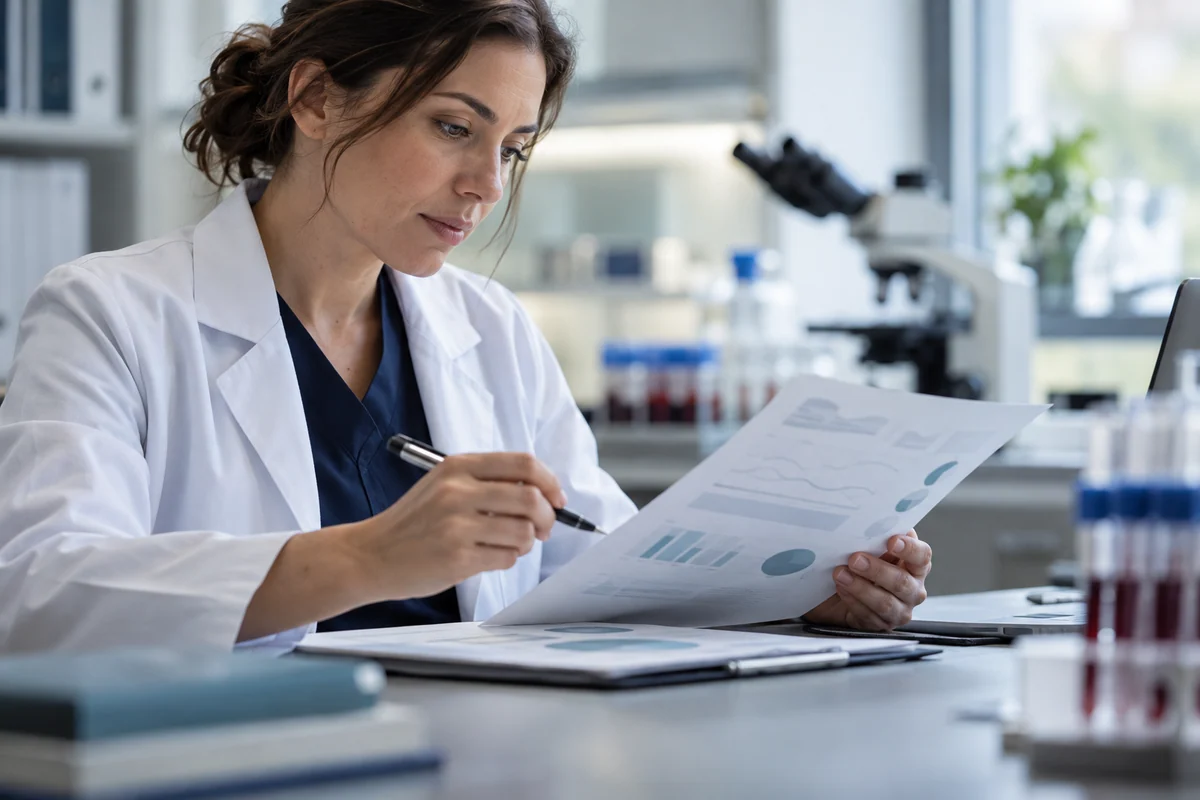 A hematology researcher reviewing a clinical study