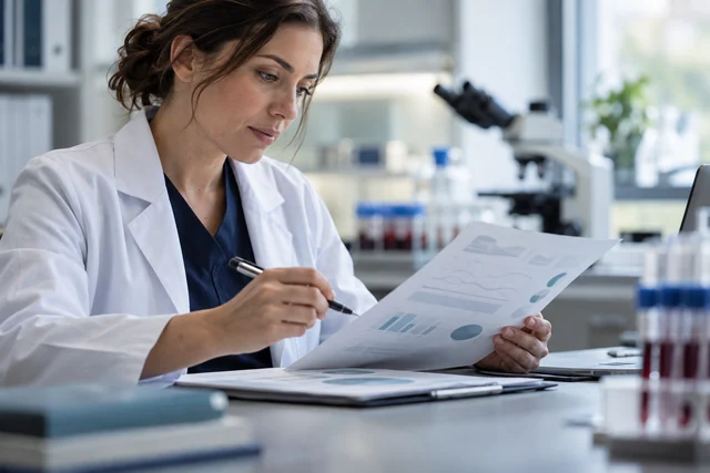A hematology researcher reviewing a clinical study
