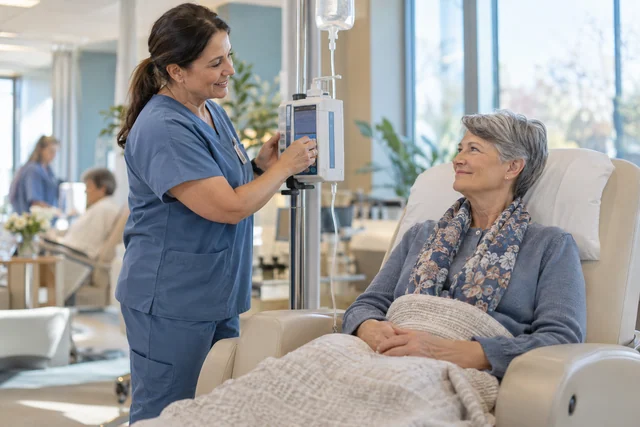 An oncology nurse speaking with a patient in an infusion clinic