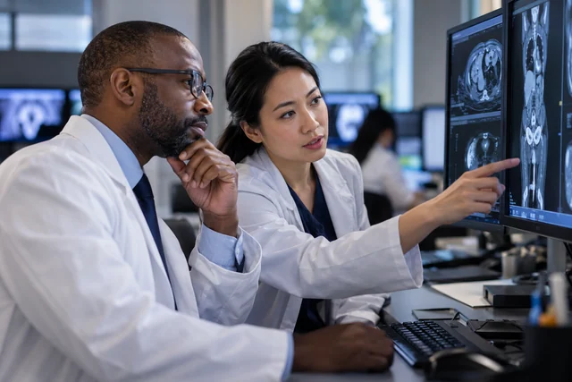 Two clinicians reviewing medical imaging at a workstation
